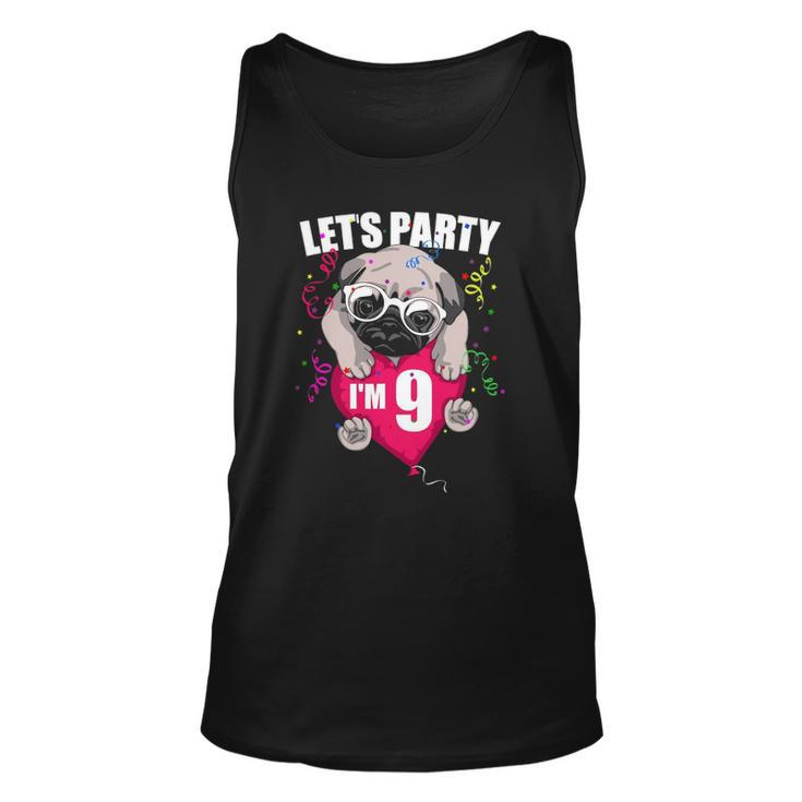 Pug Birthday Im Nine Lets Party 9Th Bday Cute Dog Flying Unisex Tank Top