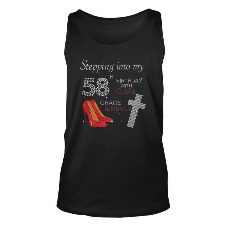 Stepping Into My 58Th Birthday With Gods Grace Mercy Heels Unisex Tank Top