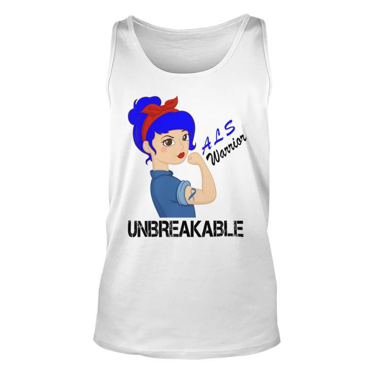 Als Warrior Strong Women  Blue Ribbon  Amyotrophic Lateral Sclerosis Support  Als Awareness Unisex Tank Top