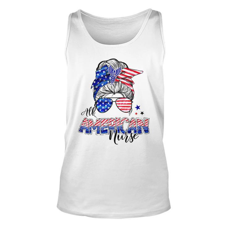 American Flag Patriotic Nurse Messy Bun 4Th Of July Unisex Tank Top