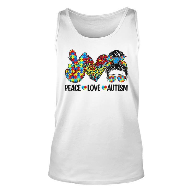 Peace Love Autism Mom Life Messy Bun Blue Autism Awareness Unisex Tank Top