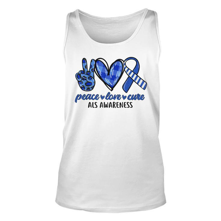 Peace Love Cure Blue & White Ribbon Als Awareness Month  V2 Unisex Tank Top