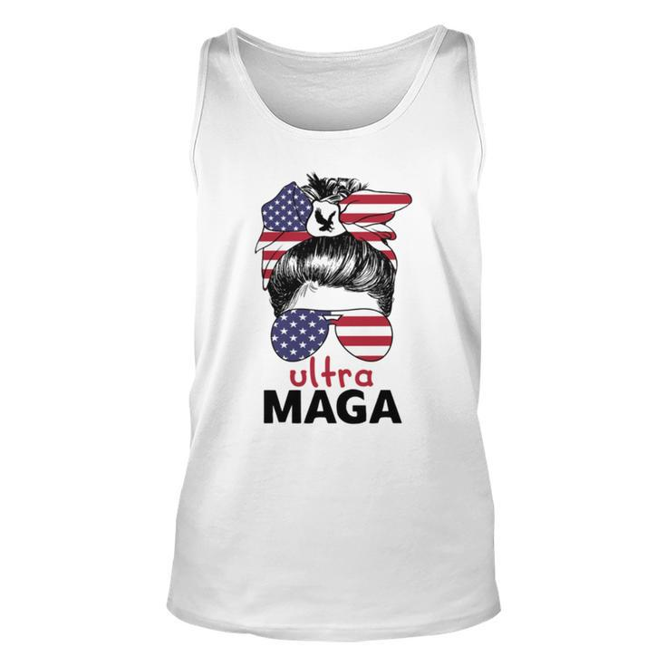 Ultra Maga American Flag Womens Messy Bun Wearing Glasses Unisex Tank Top