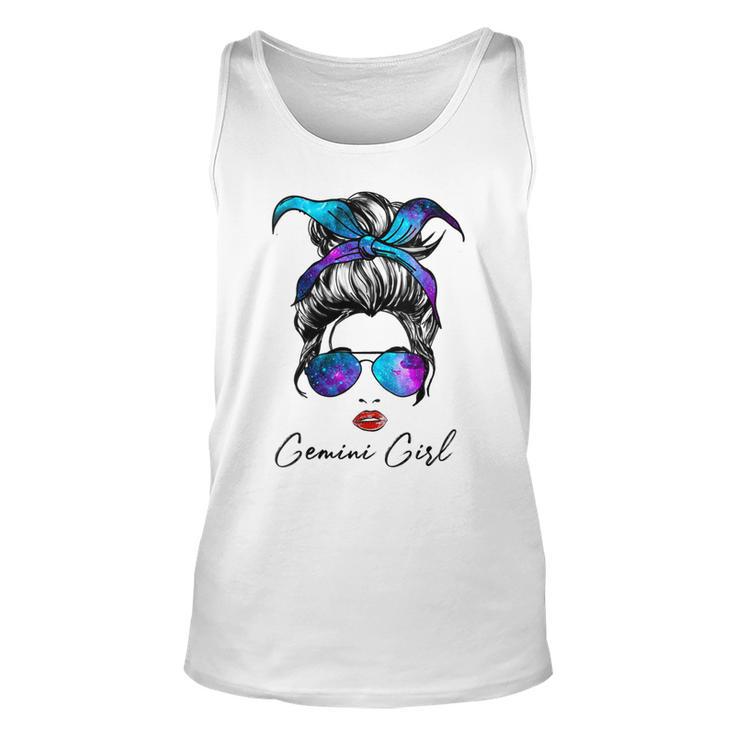 Womens Gemini Girl Zodiac Sign Horoscope Birthday Messy Bun Galaxy  Unisex Tank Top