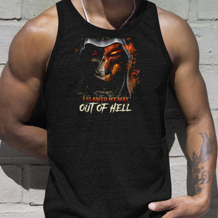 I Didnt From Heaven I Clawed My Way Out Of Hell Flaming Skull Tank Top Gifts for Him