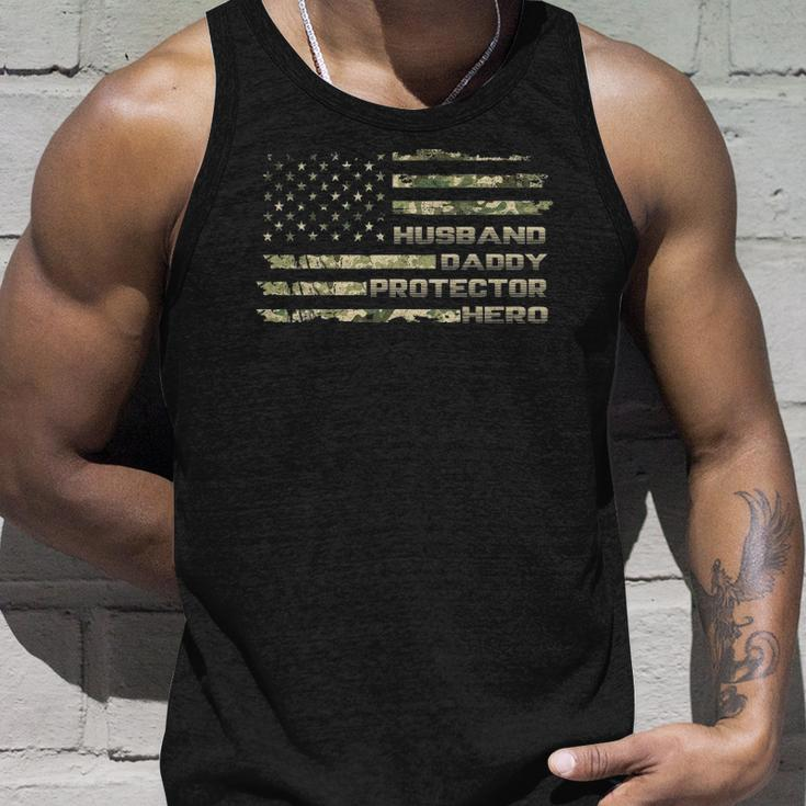 Mens Husband Daddy Protector Hero Happy Fathers Day Flag Tank Top Gifts for Him