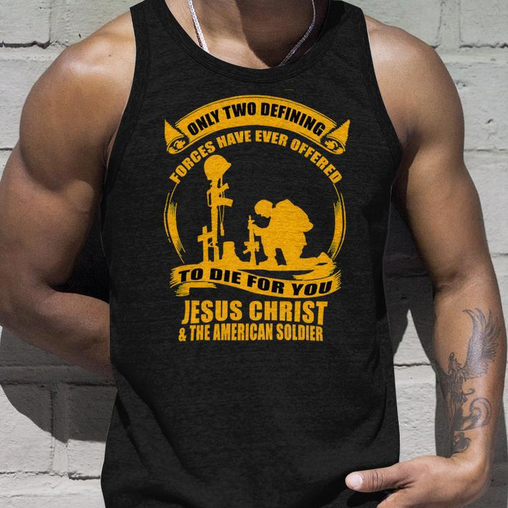 Veteran Veterans Day Two Defining Forces Jesus Christ And The American Soldier 85 Navy Soldier Army Military Unisex Tank Top Gifts for Him