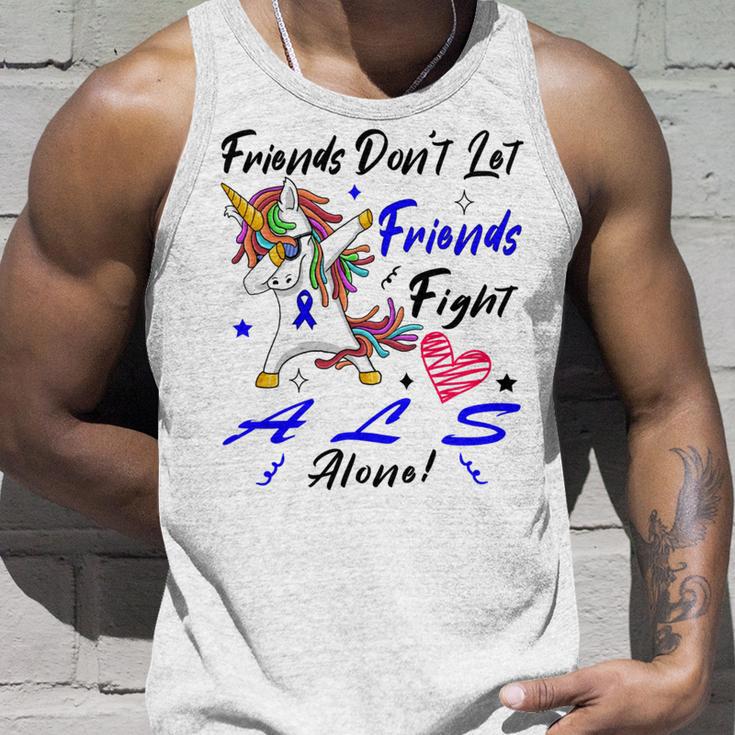 Friends Dont Let Friends Fight Als Alone Unicorn Blue Ribbon Amyotrophic Lateral Sclerosis Support Als Awareness Unisex Tank Top Gifts for Him