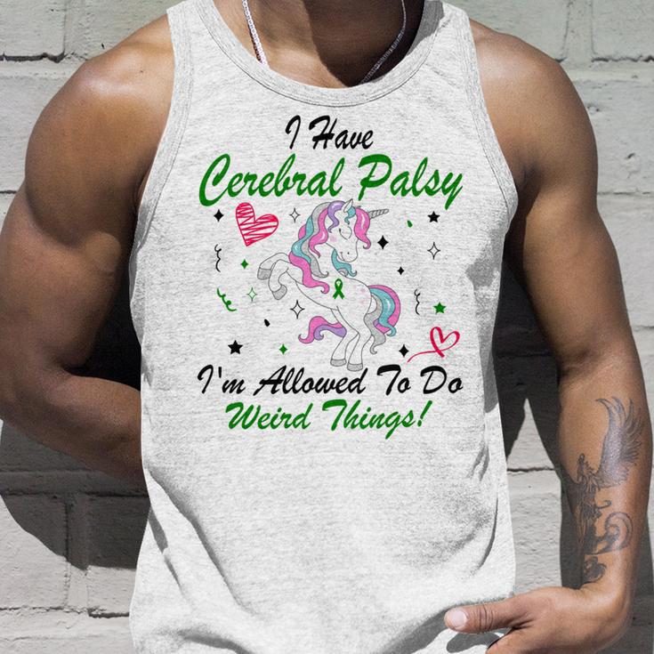 I Have Cerebral Palsy Im Allowed To Do Weird Things Unicorn Green Ribbon Cerebral Palsy Cerebral Palsy Awareness Unisex Tank Top Gifts for Him