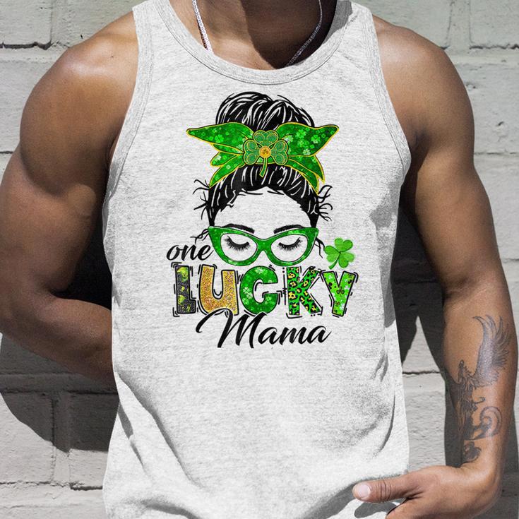 One Lucky Mama St Patricks Day Irish Shamrock Messy Bun Mom Unisex Tank Top Gifts for Him