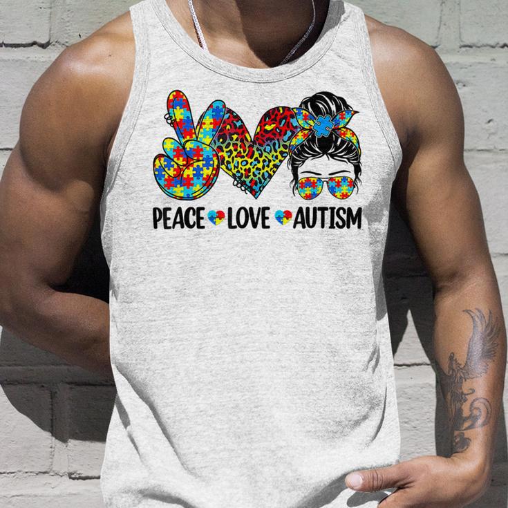 Peace Love Autism Mom Life Messy Bun Blue Autism Awareness Unisex Tank Top Gifts for Him