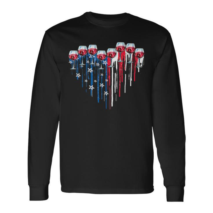 4Th Of July Wine Glasses Heart American Flag Patriotic Long Sleeve T-Shirt