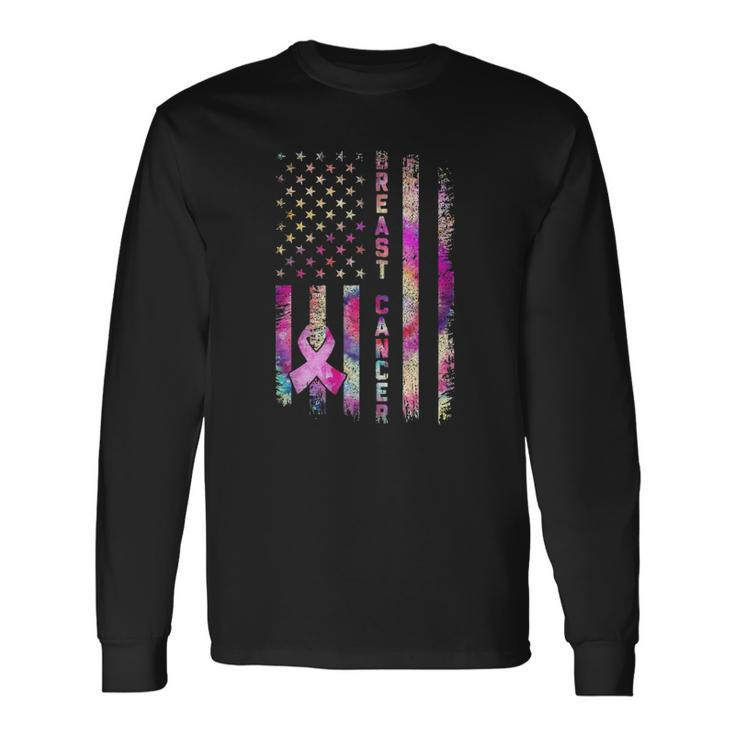American Flag Breast Cancer Awareness Support Tie Dye Long Sleeve T-Shirt T-Shirt
