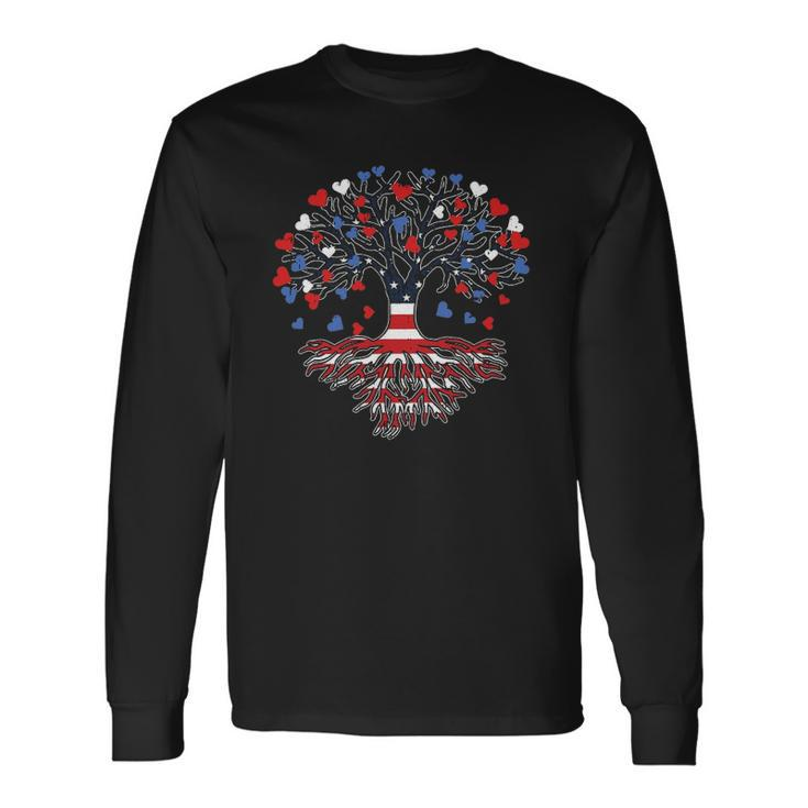 American Tree 4Th Of July Usa Flag Hearts Roots Patriotic Long Sleeve T-Shirt T-Shirt