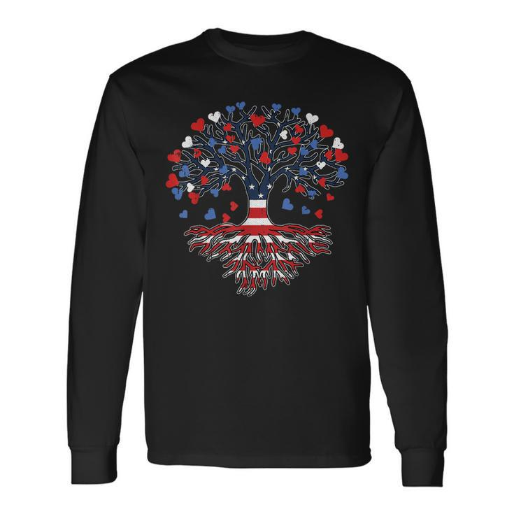 American Tree 4Th Of July Usa Flag Hearts Roots Patriotic Long Sleeve T-Shirt