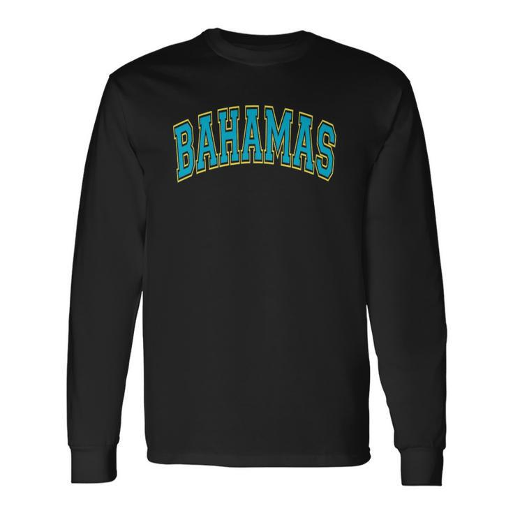 Bahamas Varsity Style Teal Text With Yellow Outline Long Sleeve T-Shirt T-Shirt