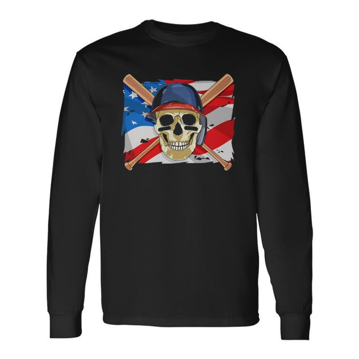 Baseball Skull 4Th Of July American Player Usa Flag Long Sleeve T-Shirt T-Shirt