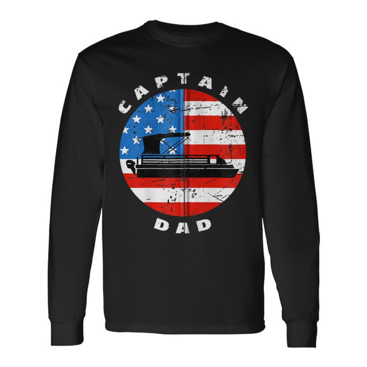 Captain Dad Pontoon Boat Retro Us Flag 4Th Of July Boating Zip Long Sleeve T-Shirt Gifts ideas