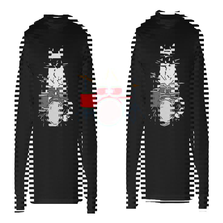 Cat Wearing Sunglasses Playing Drums Drum Kit Musician Long Sleeve T-Shirt T-Shirt