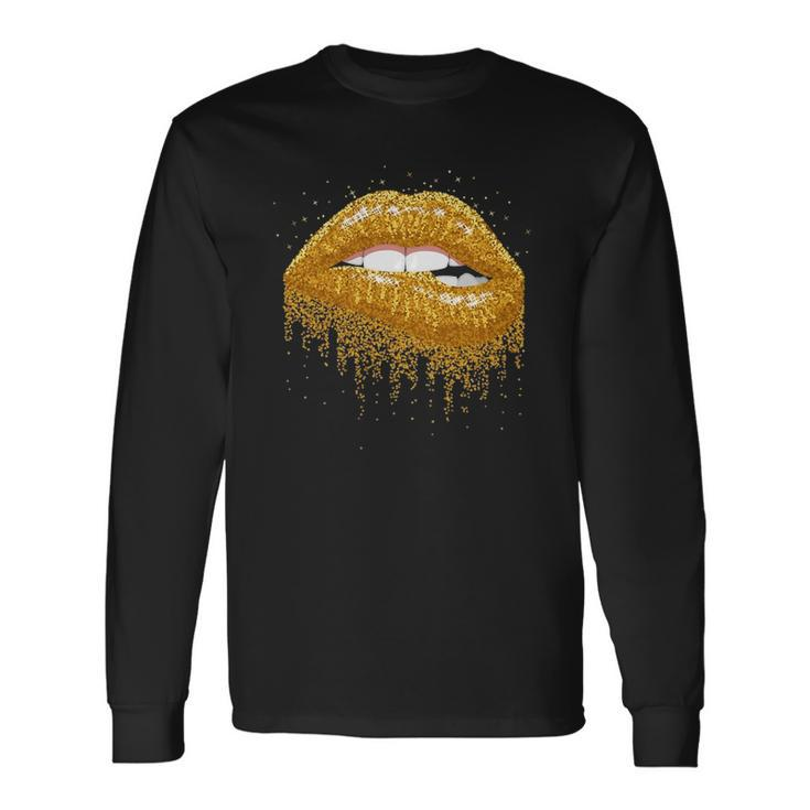 Cool Lips Bite Kiss Me -Gold Sparkle- Sexy Lips Long Sleeve T-Shirt
