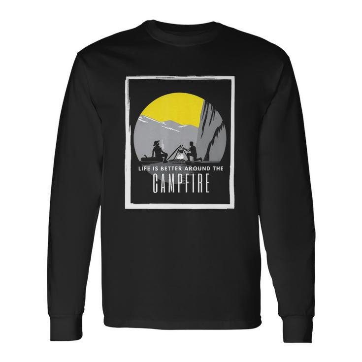 Dad And Son Outdoor Campfire On Mountain Summertime Long Sleeve T-Shirt T-Shirt