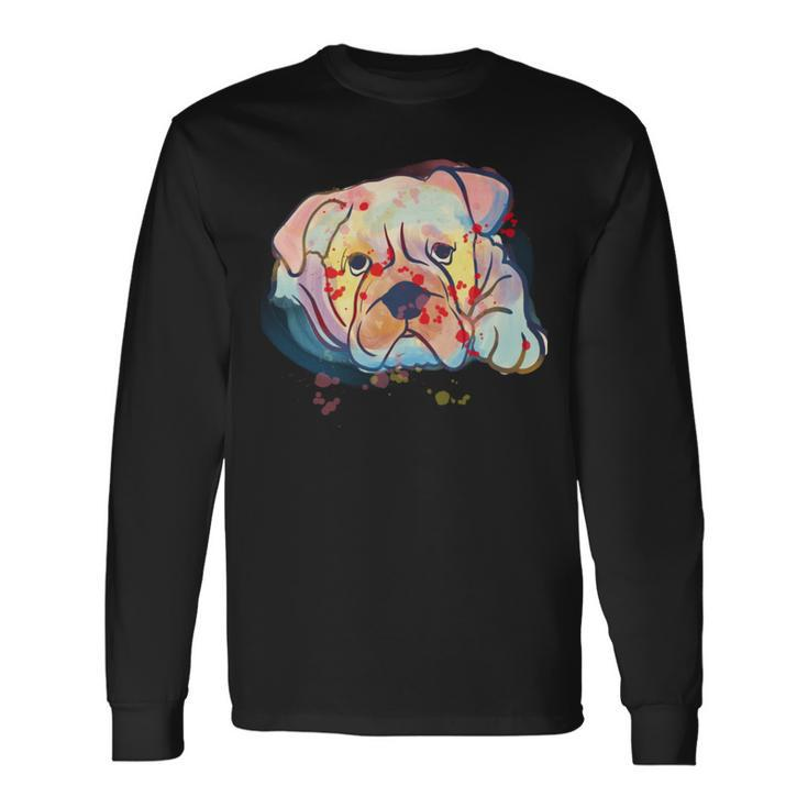 English Bulldog Abstract Watercolor Graphic Long Sleeve T-Shirt
