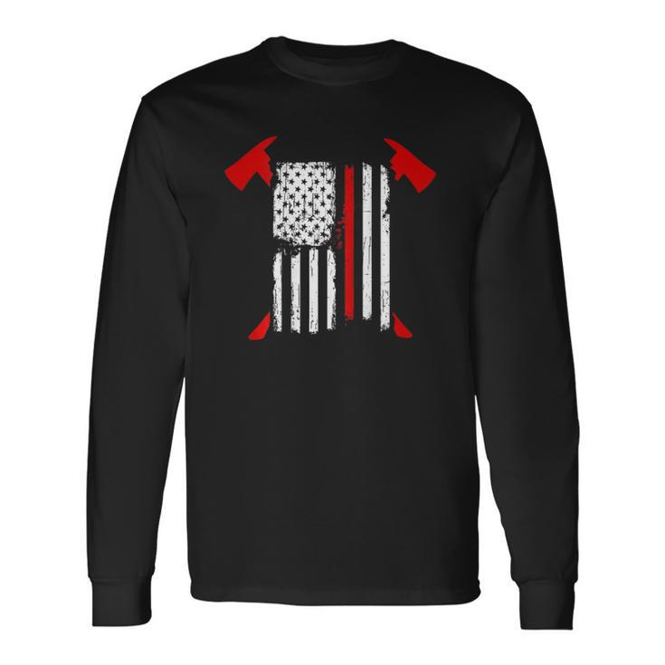 Firefighter Red Line Us Flag Crossed Axes Printed Back Long Sleeve T-Shirt T-Shirt