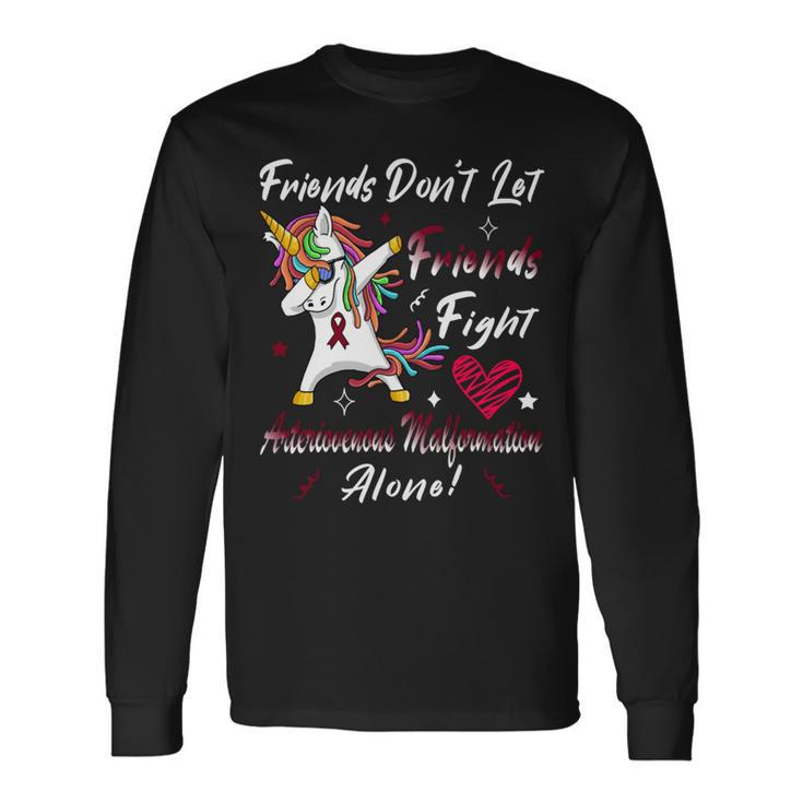 Friends Dont Let Friends Fight Arteriovenous Malformation Alone Unicorn Burgundy Ribbon Arteriovenous Malformation Support Arteriovenous Malformation Awareness Long Sleeve T-Shirt