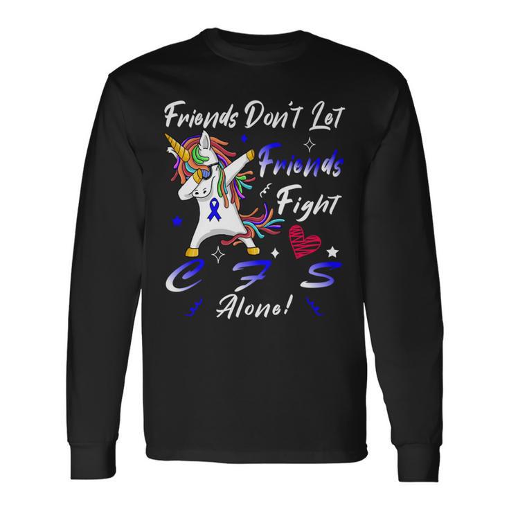 Friends Dont Let Friends Fight Chronic Fatigue Syndrome Cfs Alone  Unicorn Blue Ribbon  Chronic Fatigue Syndrome Support  Cfs Awareness V2 Unisex Long Sleeve