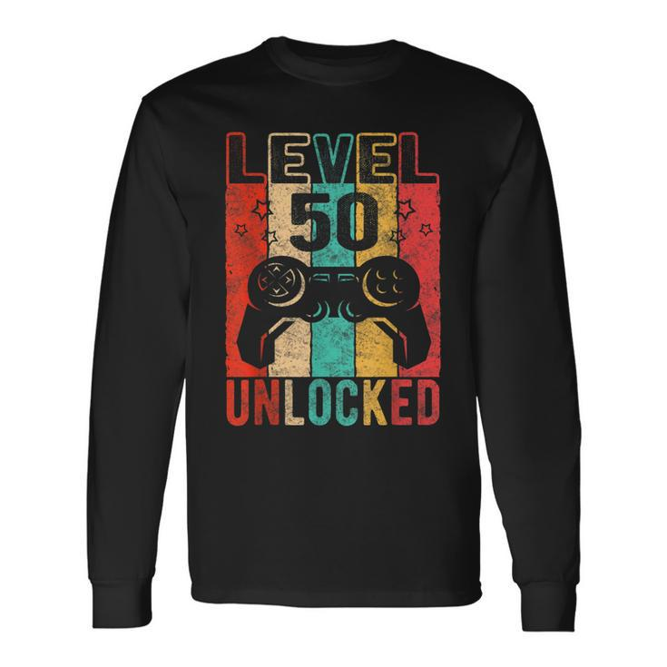 Fun 50Th Birthday Level 50 Unlocked Retro Graphic Birthday Long Sleeve T-Shirt