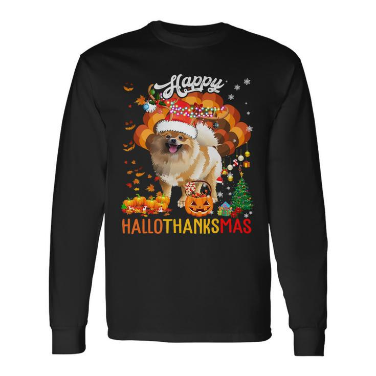 Hallothanksmas Santa Turkey Pumpkin Pomeranian Dog T-Shirt Long Sleeve T-Shirt
