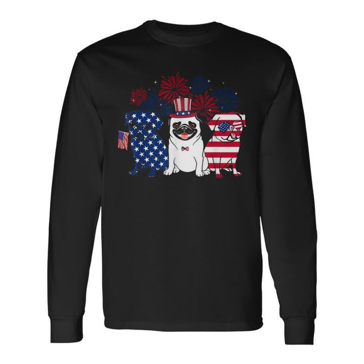 Happy 4Th July Three Blue White Pug And Red Long Sleeve T-Shirt