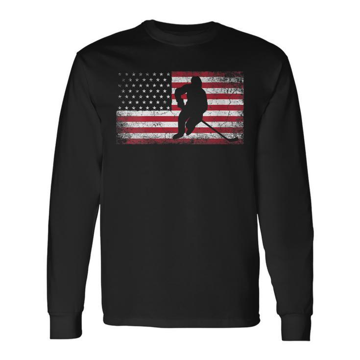 Hockey American Flag 4Th Of July Patriotic Usa Dad Men Son Long Sleeve T-Shirt