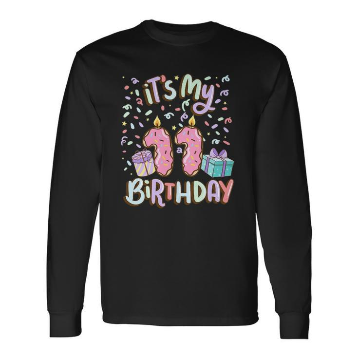 Its My 11Th Birthday Cake Donut 11 Years Old Confetti Long Sleeve T-Shirt T-Shirt
