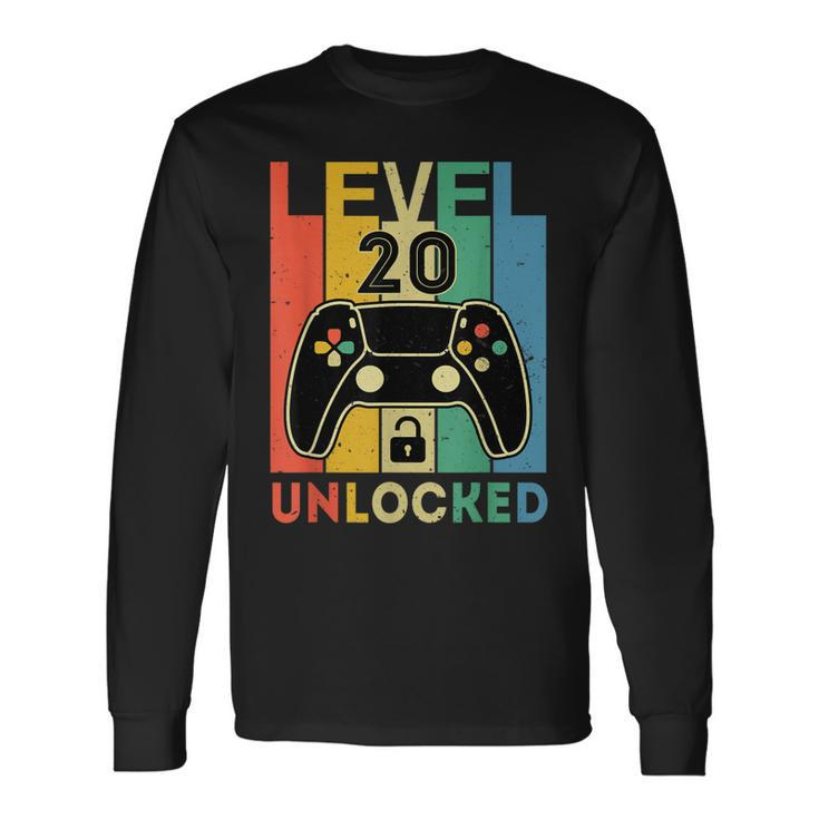 Level 20 Unlocked Retro Vintage Video Gamer 20Th Birthday Long Sleeve T-Shirt