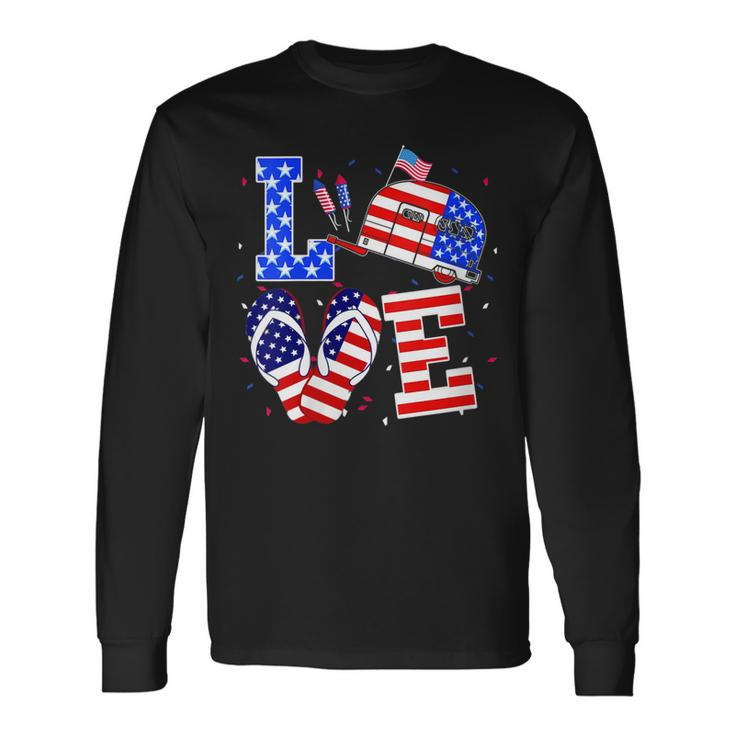 Love Camping Flip Flop Usa Flag 4Th Of July Camper Patriotic Long Sleeve T-Shirt