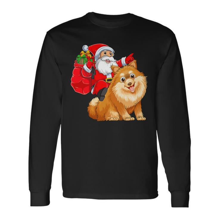 Matching Santa Riding Pomeranian Dog Christmas T-Shirt Long Sleeve T-Shirt