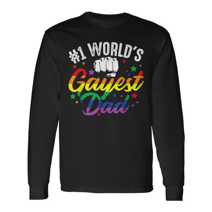 Mens 1 Worlds Gayest Dad Funny Fathers Day Lgbt Pride Rainbow 14 Shirt Unisex Long Sleeve