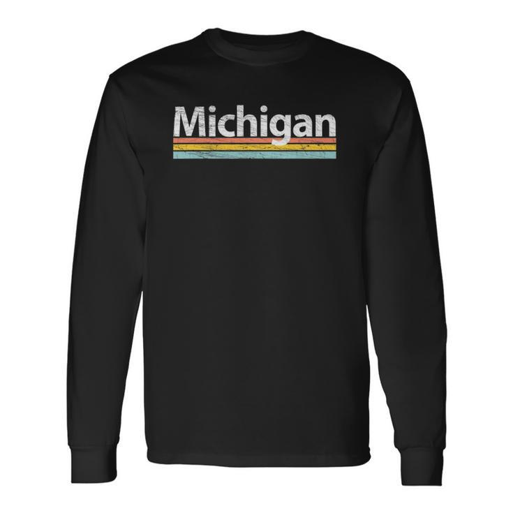 Michigan Mi Vintage Worn Retro Stripes Classic Long Sleeve T-Shirt