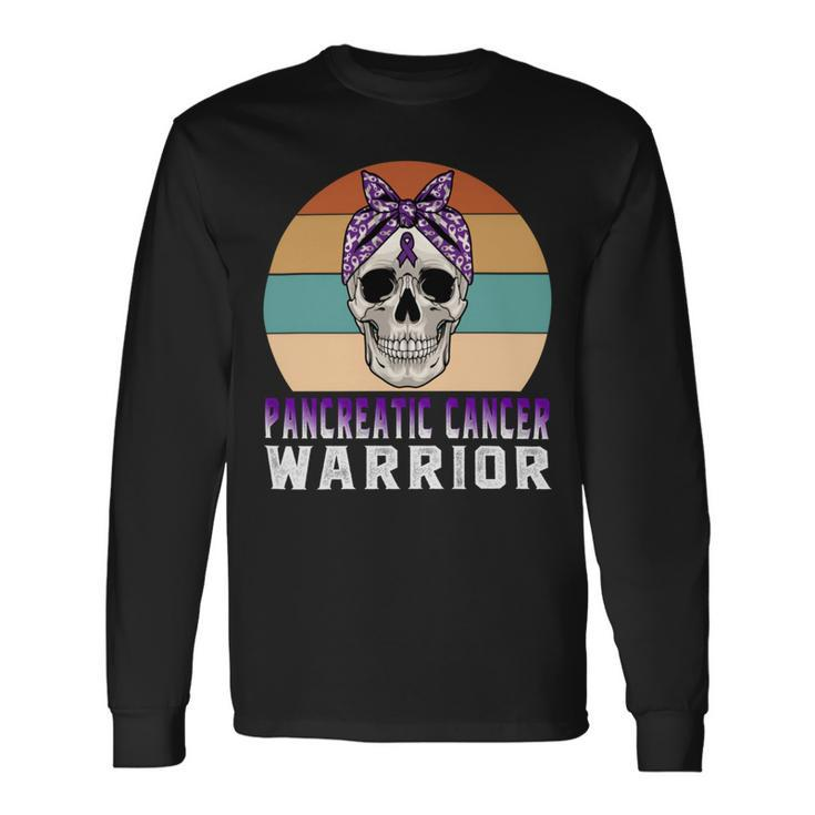 Pancreatic Cancer Warrior Skull Women Vintage Purple Ribbon Pancreatic Cancer Pancreatic Cancer Awareness Long Sleeve T-Shirt