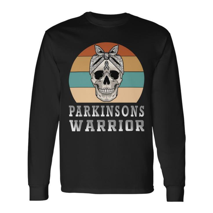 Parkinsons Warrior Skull Women Vintage Grey Ribbon Parkinsons Parkinsons Awareness Long Sleeve T-Shirt
