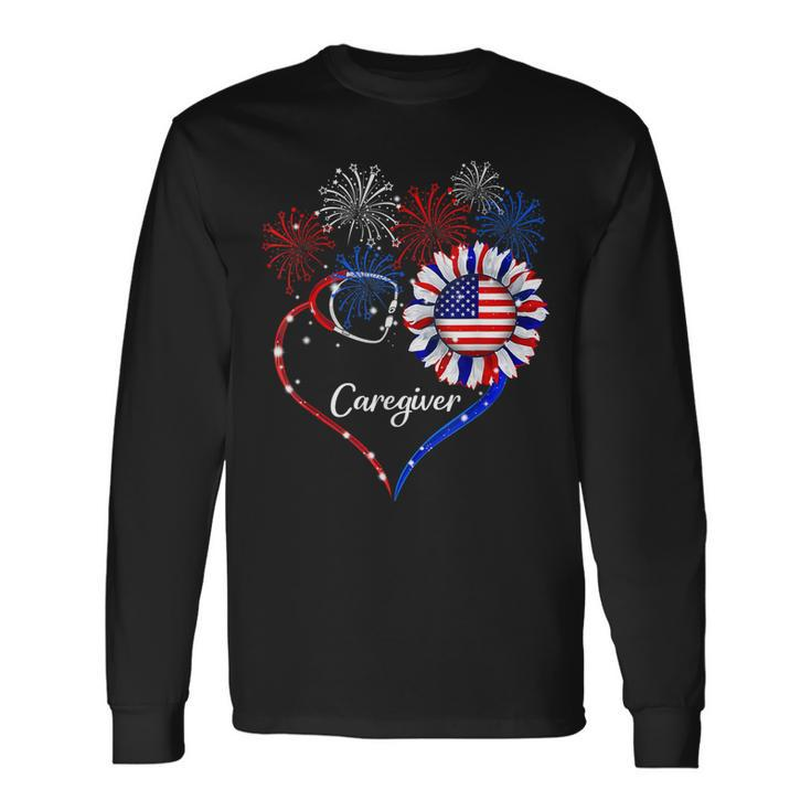 Patriotic Caregiver Sunflower 4Th Of July American Flag Love Long Sleeve T-Shirt