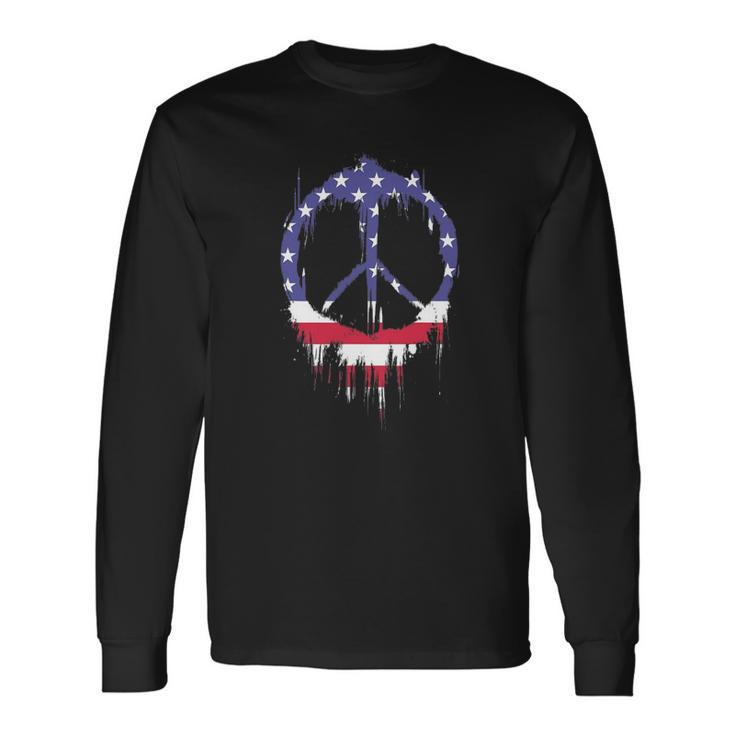 Patriotic Peace Sign American Flag 4Th Of July Retro Hippie Long Sleeve T-Shirt T-Shirt