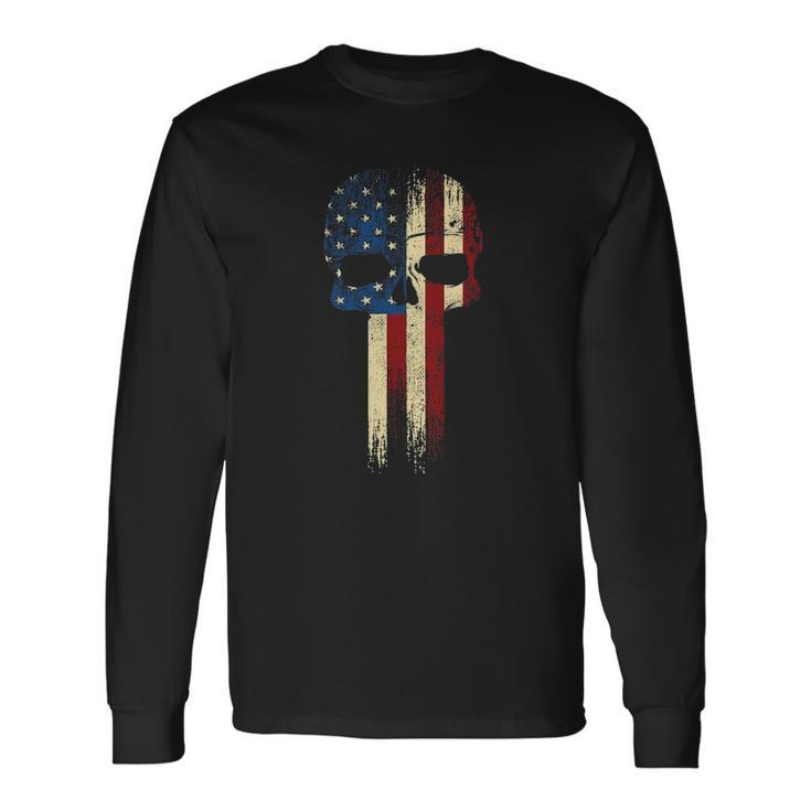 Patriotic Skull Usa Military American Flag Proud Veteran Long Sleeve T-Shirt