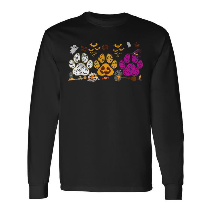Paw Print Halloween Dog Candy Pumpkin Ghost Dog Lovers Long Sleeve T-Shirt