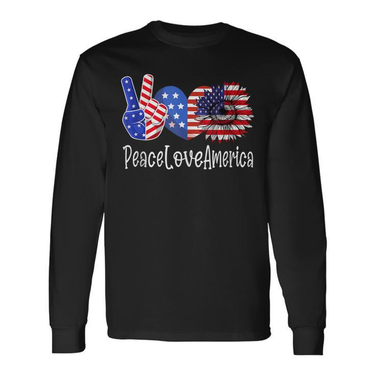 Peace Love America 4Th July Patriotic Sunflower Heart Sign V4 Long Sleeve T-Shirt