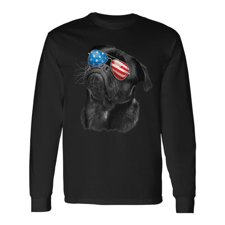 Pug 4Th Of July Dog Mom Dog Dad Usa Flag Black Pug Long Sleeve T-Shirt Gifts ideas