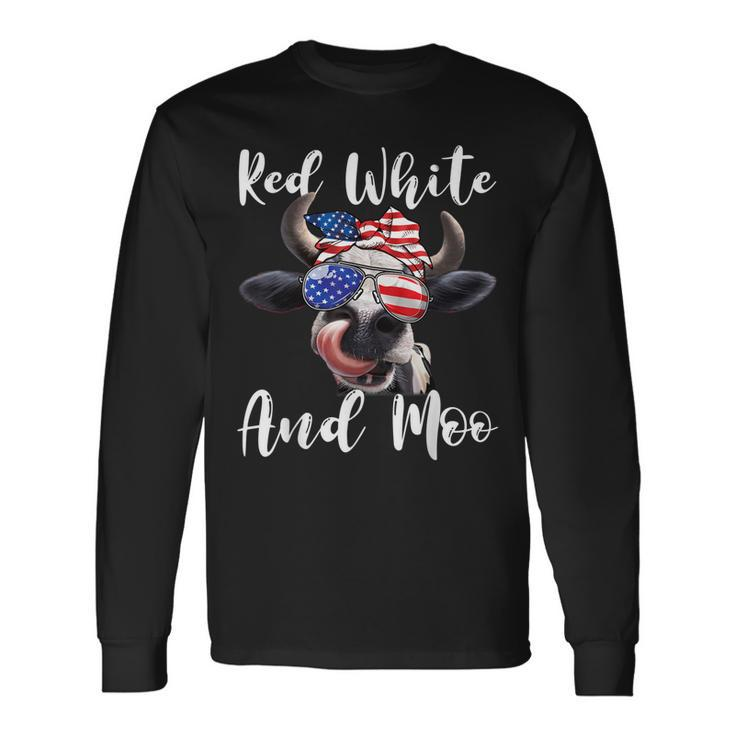 Red White And Moo Cow Messy Bun Usa Flag 4Th Of July Long Sleeve T-Shirt