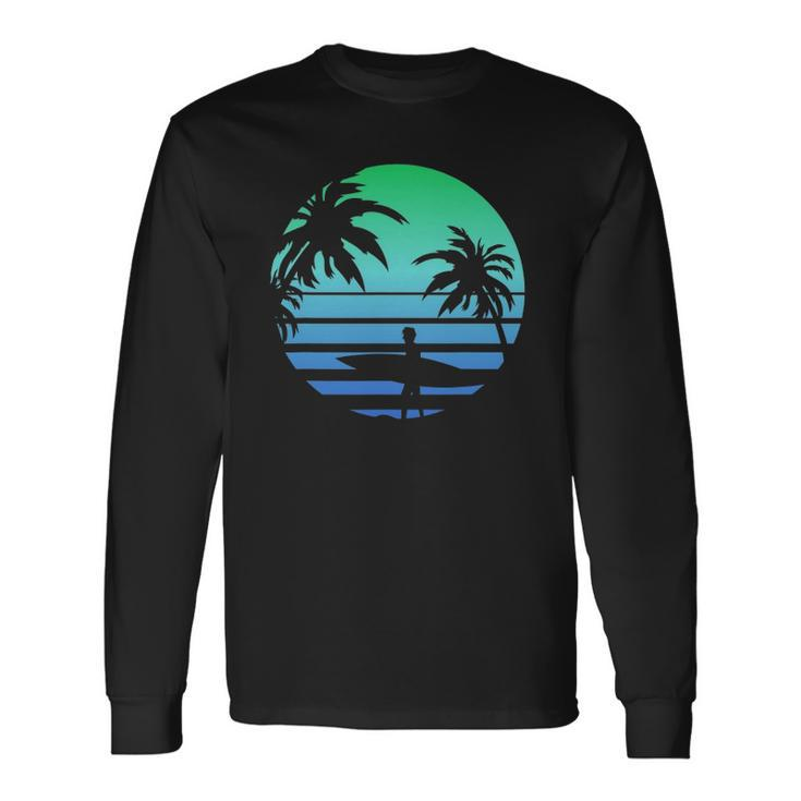 Retro Water Sport Surfboard Palm Tree Sea Tropical Surfing Long Sleeve T-Shirt T-Shirt