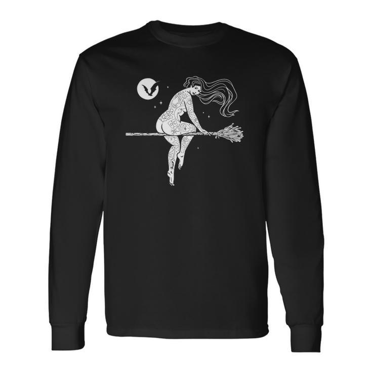 Tattooed Witch On Broomstick Full Moon & Bat Halloween Long Sleeve T-Shirt T-Shirt